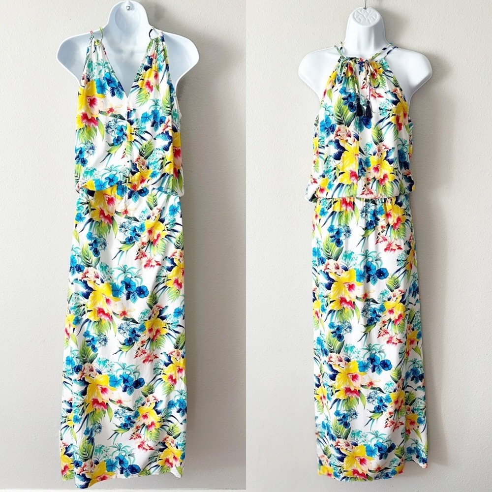 Tommy‎ Bahama White Tropical Floral Blouson Halter Maxi Dress Size Medium